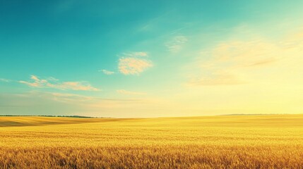 Obraz premium Golden Wheat Field Under a Blue Sky with White Clouds at Sunset