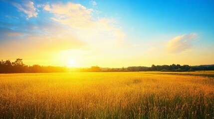 Obraz premium Golden Field at Sunset with a Blue Sky and Clouds