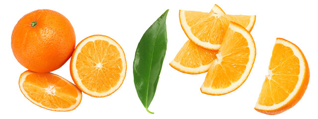 Orange fruit with slices isolated on white background. Top view. Flat lay.