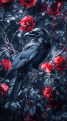 A black crow is sitting on a bed of red roses