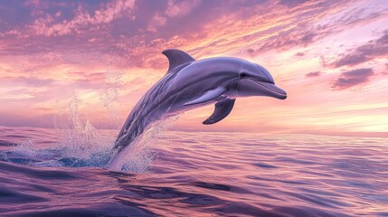 A dolphin leaps out of the water, its body silhouetted against a vibrant sunset sky.