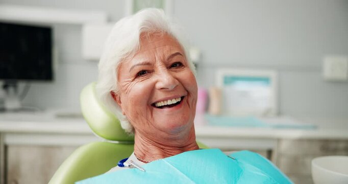 Elderly woman, face and patient at dentist, laughing and oral care or appointment for maintenance. Female person, portrait and dental hygiene in retirement, orthodontics consultation and insurance