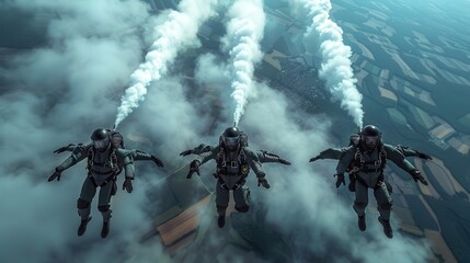 Formation of Skydivers Trailing Smoke.