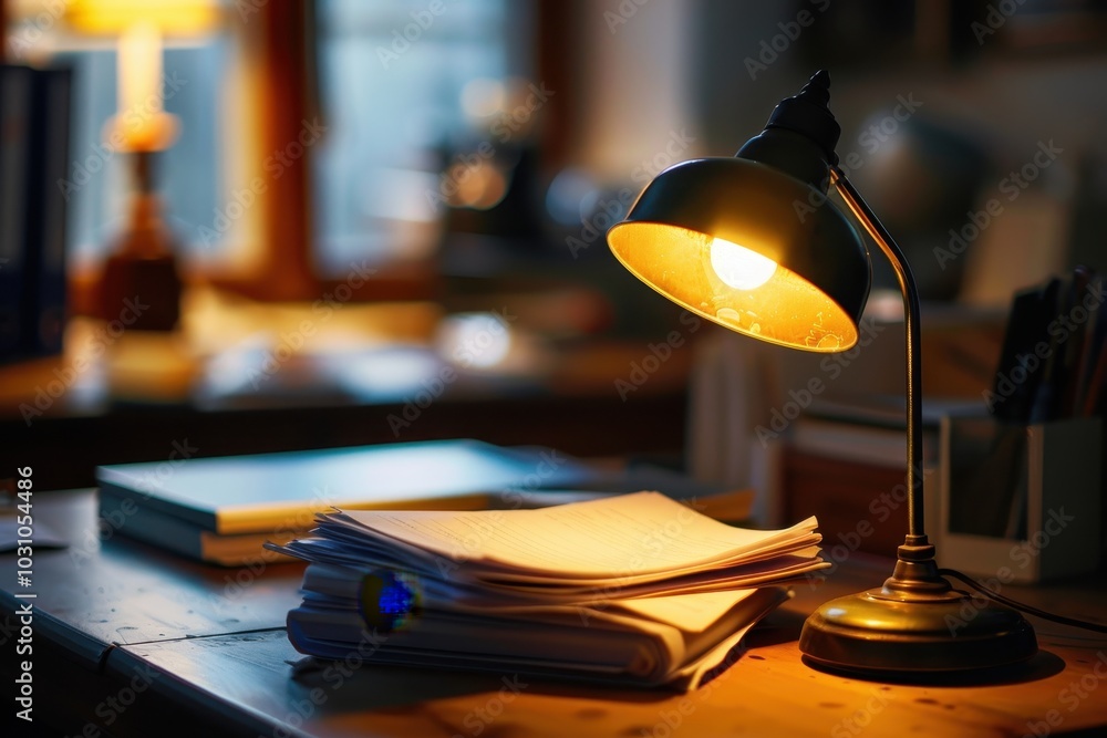 Leinwandbilder a warm-lit desk with papers and a lamp in a cozy study setting during the evening, creating an invit