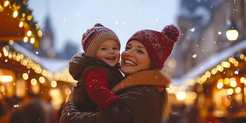 Mother and child having wonderful time on traditional Christmas market on winter evening. Parent...