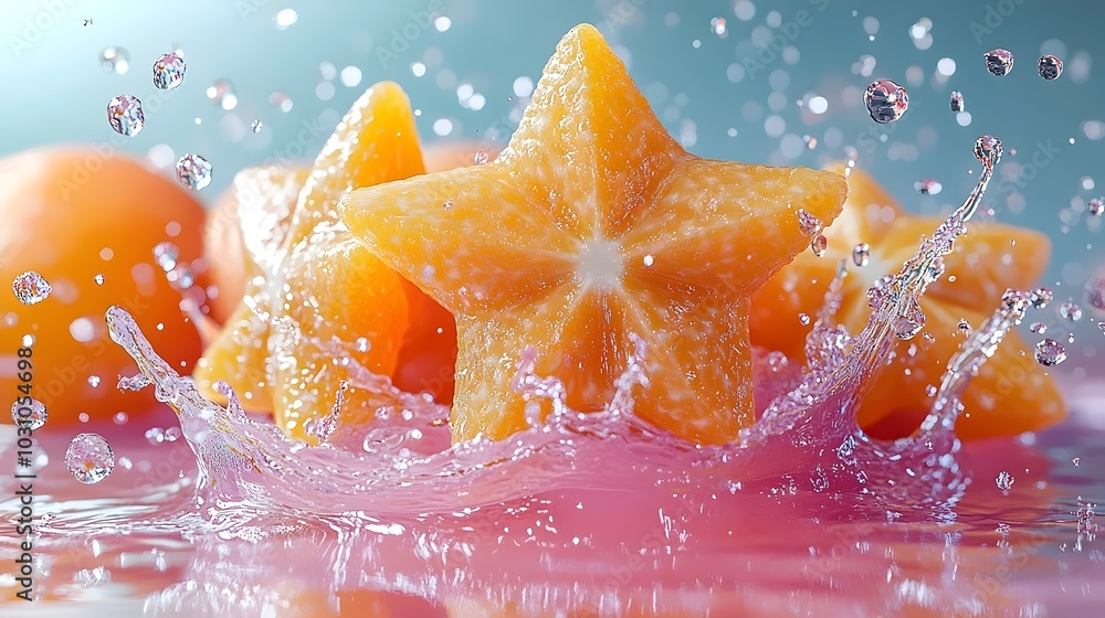 Poster starfruit slices splash into a pool of water, creating a vibrant and refreshing scene.