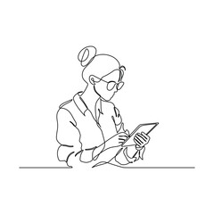 Continuous line drawing of a woman using a tablet. Business concept. Vector illustration