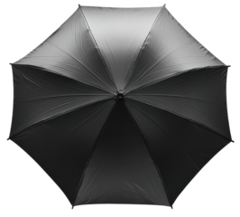 Top view of a black umbrella with transparent background, sleek and modern design.