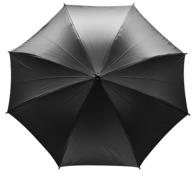 Top view of a black umbrella with transparent background, sleek and modern design.