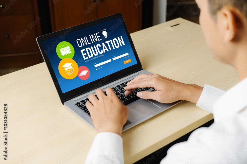 Poster e-learning website with modish sofware for student to study online on the internet network