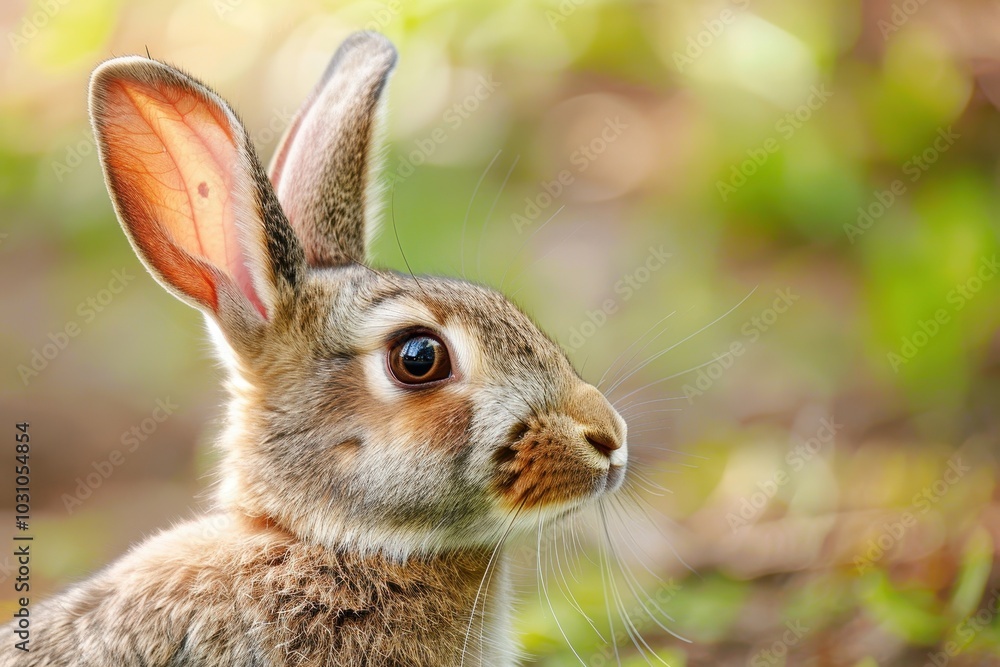Poster A close-up view of a rabbit in a lush green garden during a sunny day, capturing its curious expression and delicate features against a blurred natural background