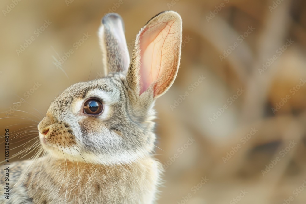 Poster A close-up view of a rabbit in a lush green garden during a sunny day, capturing its curious expression and delicate features against a blurred natural background
