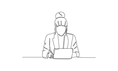Continuous one line drawing of businesswoman working with laptop. Business concept. Vector illustration