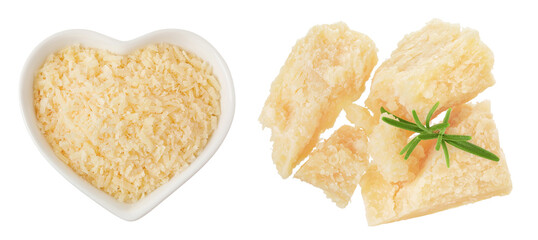 grated parmesan cheese in ceramic bowl isolated on white background. Top view. Flat lay