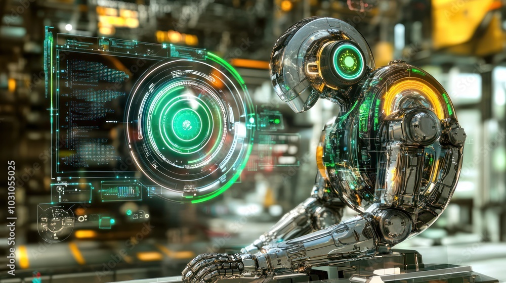 Poster futuristic robot interacting with a holographic display