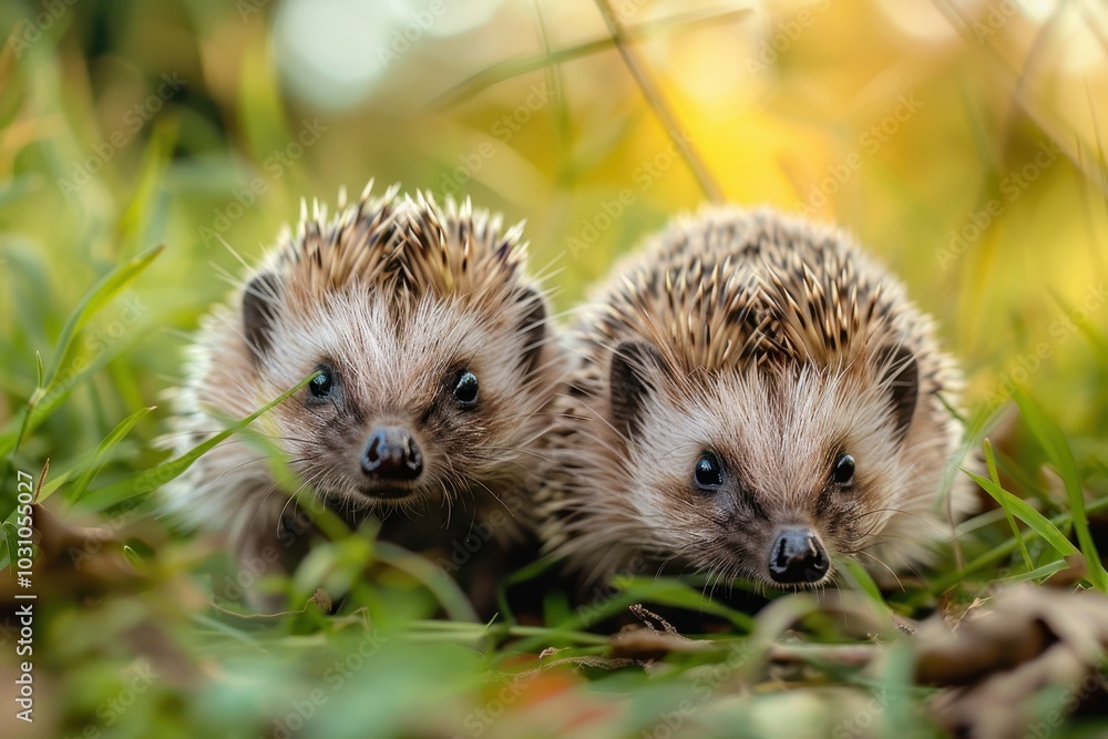 Poster two hedgehogs exploring a grassy area in the early morning light, surrounded by soft greenery and fa