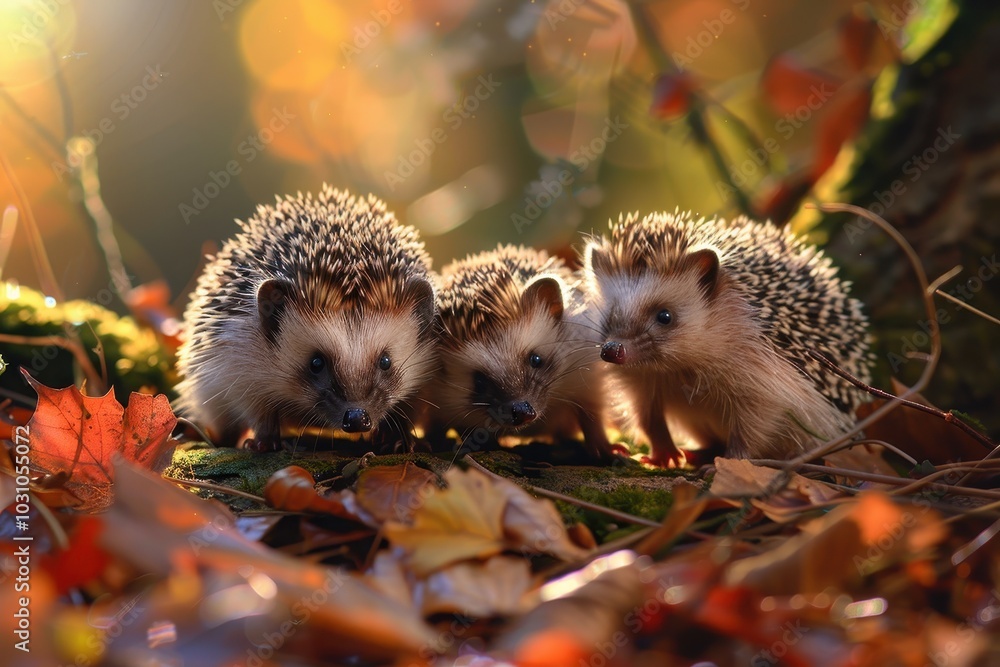 Poster two hedgehogs exploring a grassy area in the early morning light, surrounded by soft greenery and fa