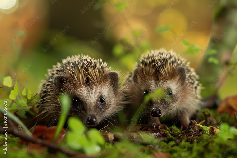 Poster two hedgehogs exploring a grassy area in the early morning light, surrounded by soft greenery and fa