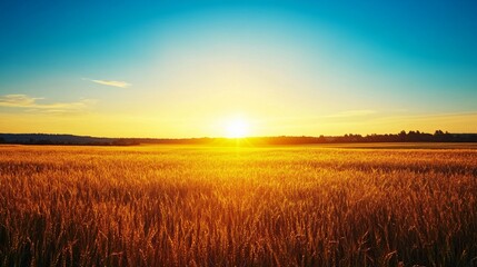 Obraz premium Golden Wheat Field at Sunset with a Silhouetted Tree Line