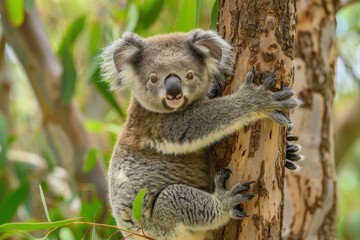 Fototapeta premium A curious koala clings to a eucalyptus tree in its natural habitat during the day, surrounded by lush green foliage and enjoying a safe perch high above the ground