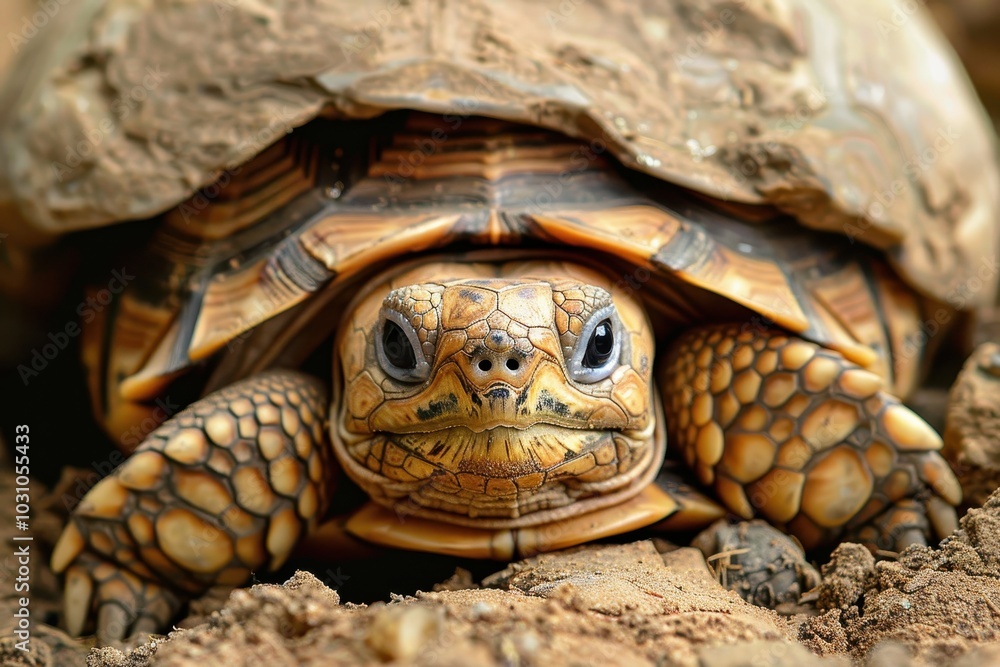 Poster a close-up view of a tortoise resting in its natural habitat surrounded by earthy tones and textures