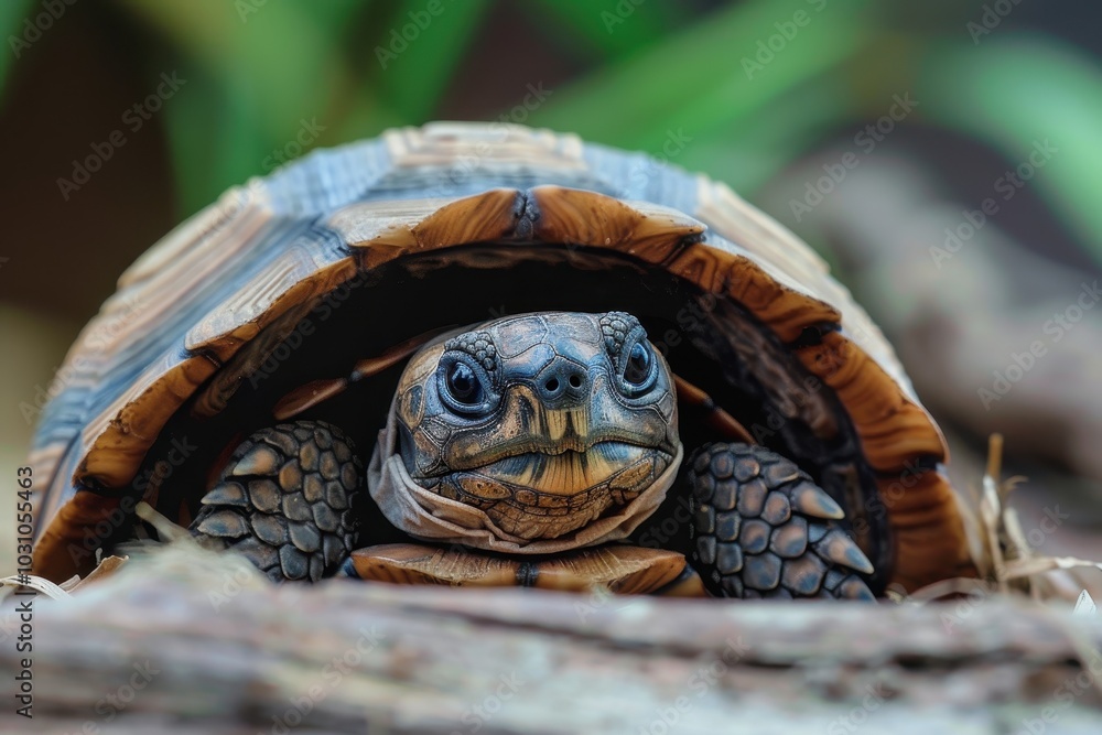 Poster a close-up view of a tortoise resting in its natural habitat surrounded by earthy tones and textures