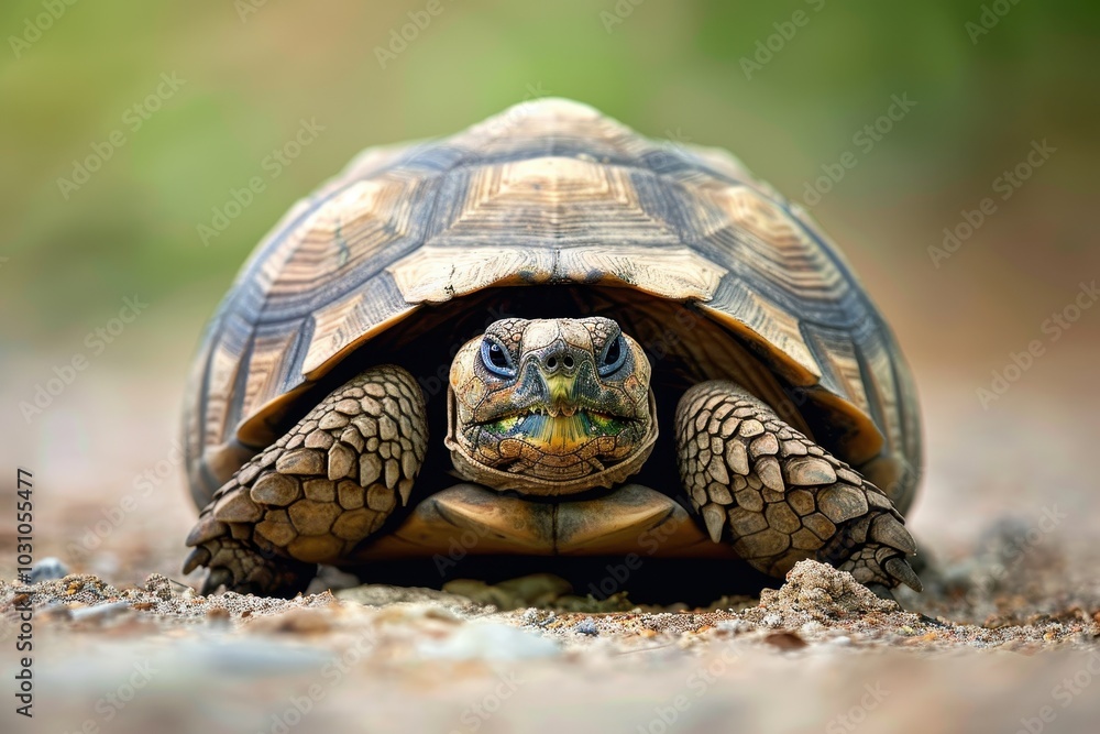 Poster a close-up view of a tortoise resting in its natural habitat surrounded by earthy tones and textures