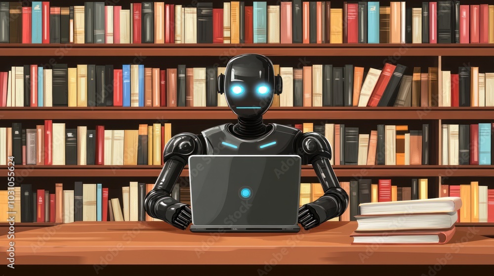 Poster robot using laptop in a library with bookshelves