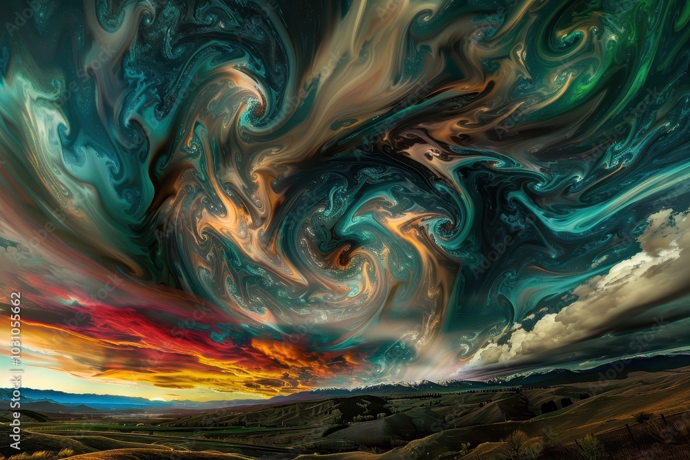 Fototapete a swirling cosmic landscape with vibrant colors and dynamic patterns created by swirling clouds and 
