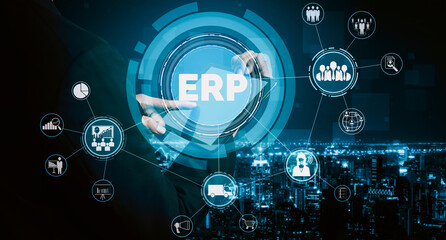 Enterprise Resource Management ERP software system for business resources plan presented in modern...
