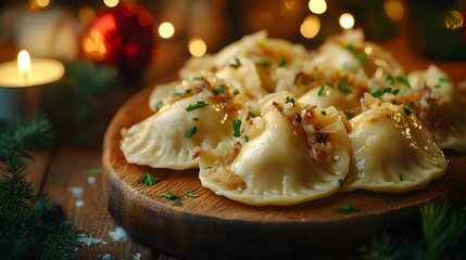 pierogi, kapusta, grzyby, polska, tradycyjne, wigilijne, jedzenie, dekoracja, rustykalne, smak, aromat, rodzinna kolacja, stół, przyjęcie, Canon EOS R5, niska przysłona, pyszności, potrawy, kulinarne,