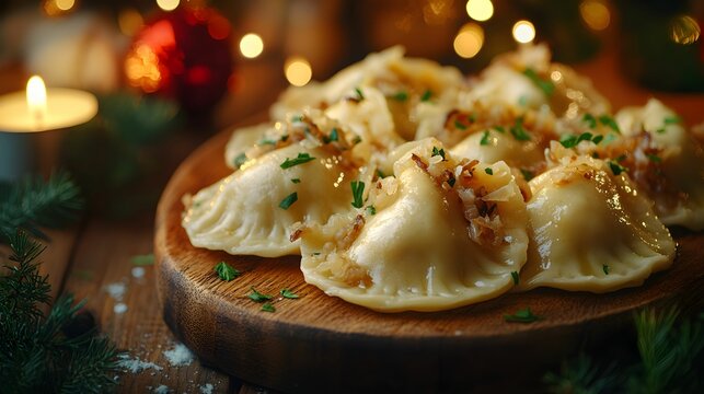 pierogi, kapusta, grzyby, polska, tradycyjne, wigilijne, jedzenie, dekoracja, rustykalne, smak, aromat, rodzinna kolacja, st&oacute;ł, przyjęcie, Canon EOS R5, niska przysłona, pyszności, potrawy, kulinarne,