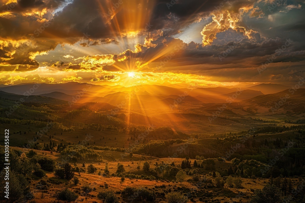 Poster golden rays of sunlight break through dark clouds over rolling hills during a stunning sunset in a t
