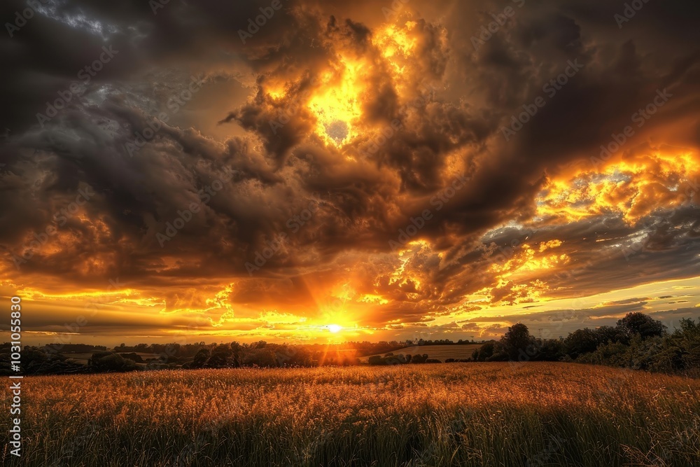 Poster golden rays of sunlight break through dark clouds over rolling hills during a stunning sunset in a t