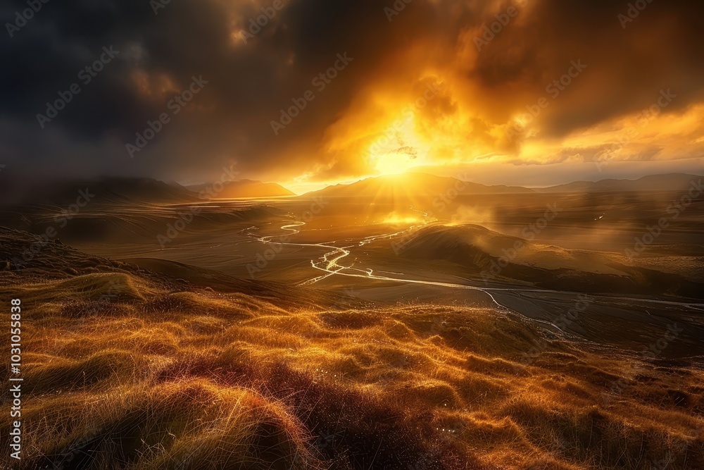 Poster golden rays of sunlight break through dark clouds over rolling hills during a stunning sunset in a t
