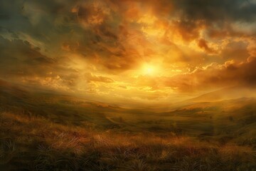 Naklejka premium Golden rays of sunlight break through dark clouds over rolling hills during a stunning sunset in a tranquil valley landscape