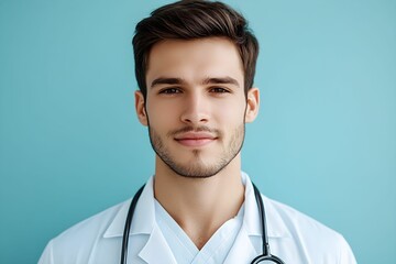 przystojny lekarz, biała kurtka, stetoskop, delikatne tło, pastelowe tło, minimalistyczne, profesjonalizm, medycyna, spokojny wyraz twarzy, realistyczna fotografia, tekstura skóry, krótka fryzura, por