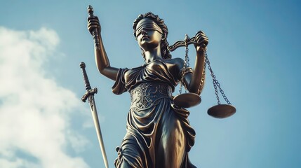A low angle view of the Lady Justice statue, a symbol of the justice system, holding a sword and scales against a blue sky with white clouds.