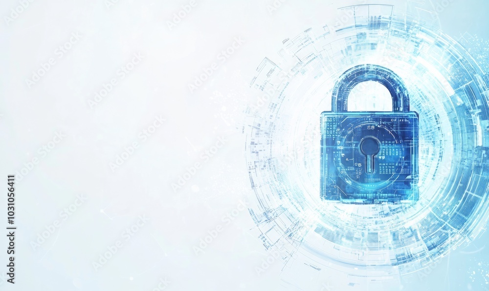 Poster a digital padlock illustration with binary code and futuristic circles on a blue and white backgroun