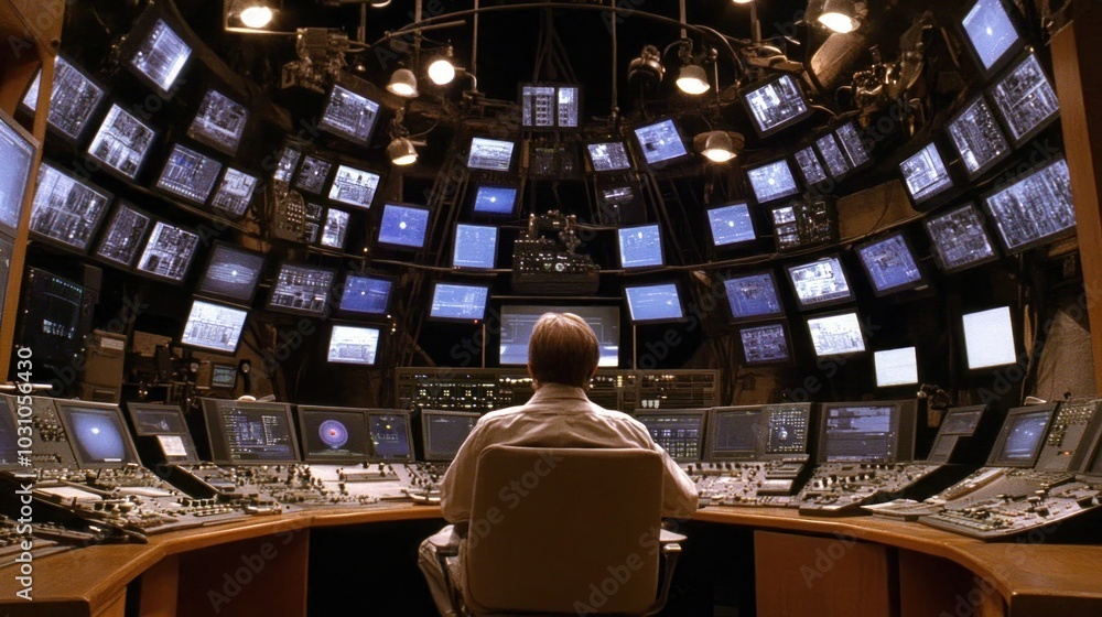 Poster a man sitting in front of numerous monitors in a control room