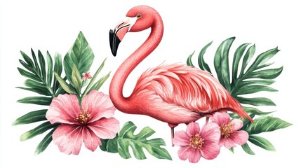 Fototapeta premium Charming hand-drawn watercolor depiction of a flamingo with vibrant pink flowers and green leaves, isolated on a clean white background. Ideal for tropical-themed decor and invitations.