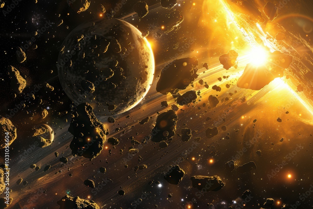 Poster Stunning cosmic view of an asteroid belt with planets and a bright star illuminating the scene in the depths of space