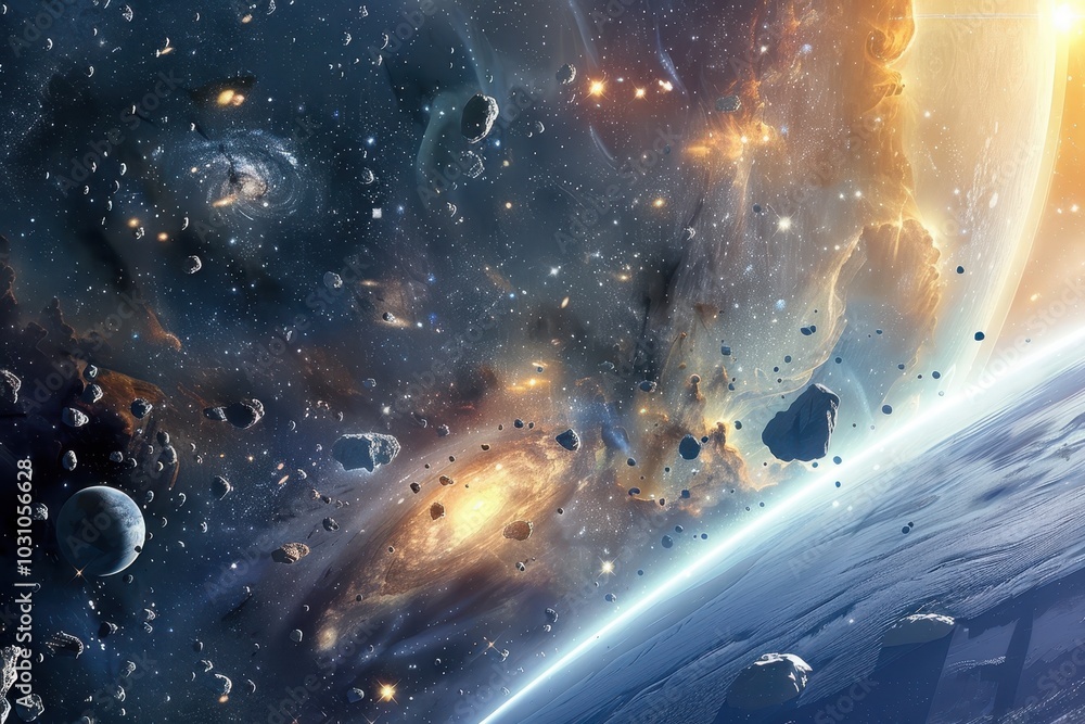 Poster stunning cosmic view of an asteroid belt with planets and a bright star illuminating the scene in th