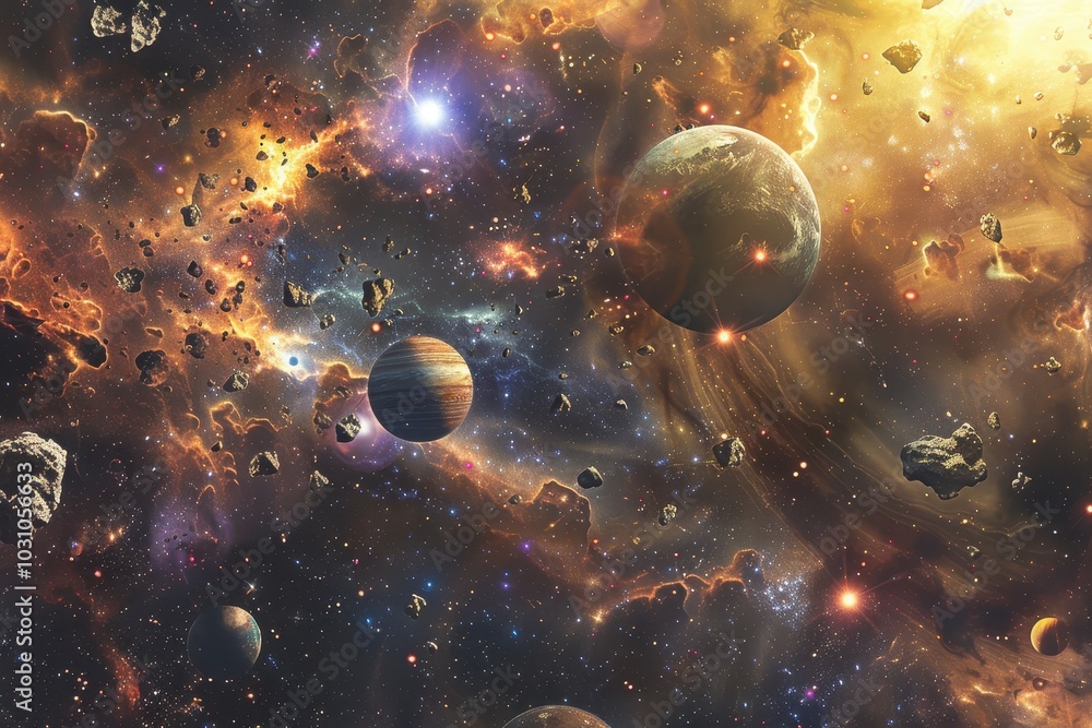Poster stunning cosmic view of an asteroid belt with planets and a bright star illuminating the scene in th