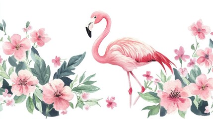 Fototapeta premium Watercolor illustration of a flamingo surrounded by pink flowers and lush leaves, set against an isolated white background. 