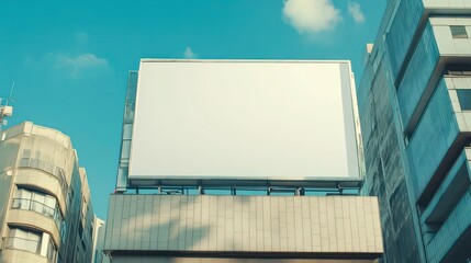 A large blank billboard is mounted on a building in an urban setting.