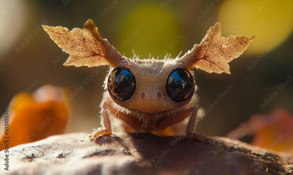 Poster a macro shot of a tiny creature with large eyes and leaf-like ears