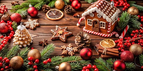 Festive gingerbread house surrounded by holiday decorations, pine branches, and colorful ornaments for Christmas celebration
