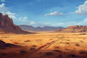 Fototapeta premium Footprints in the sand during a vibrant sunset over rolling dunes highlighting the beauty of a tranquil desert landscape in the evening light