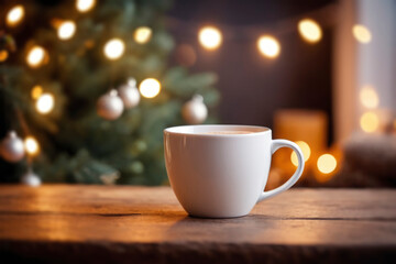 Defocused background with white cup in foreground, cozy Christmas atmosphere. Soft lighting and bokeh effect evoke festive and warm mood. For New Year and seasonal designs and holiday-themed projects